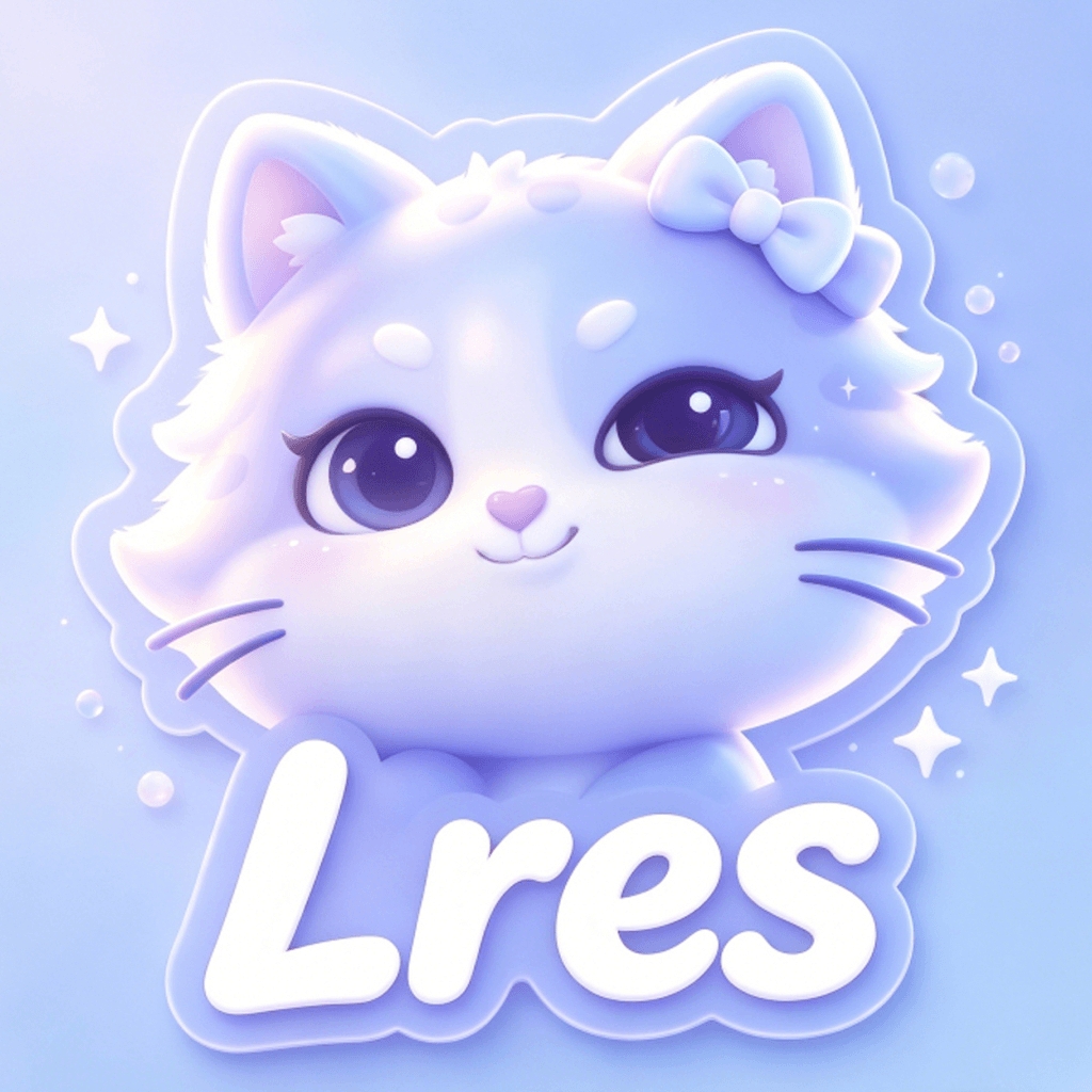 Lres, a fluffy lavender kitten with a soft blue bow and starry violet eyes